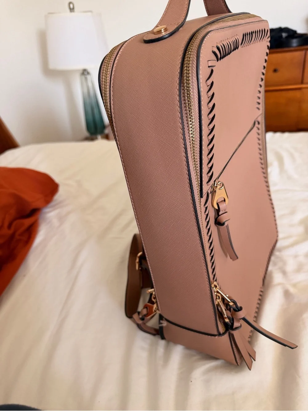 Calpak Dusty Rose Leather Backpack with Whipstitch Trim